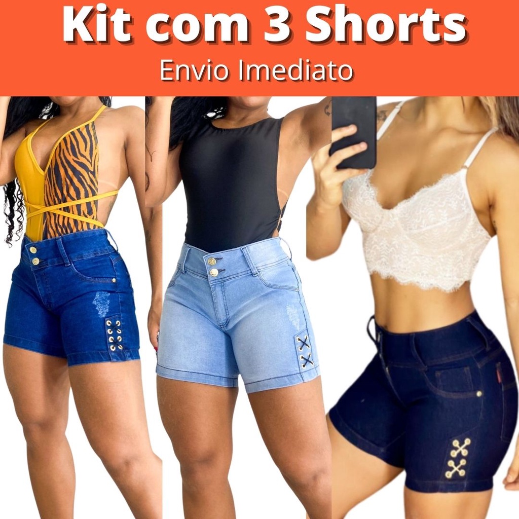 Kit 3 Short Jeans Meia Coxa Com Elastano Bermuda Feminina Atacado Modelos Variados Preço Atacado envio imediato