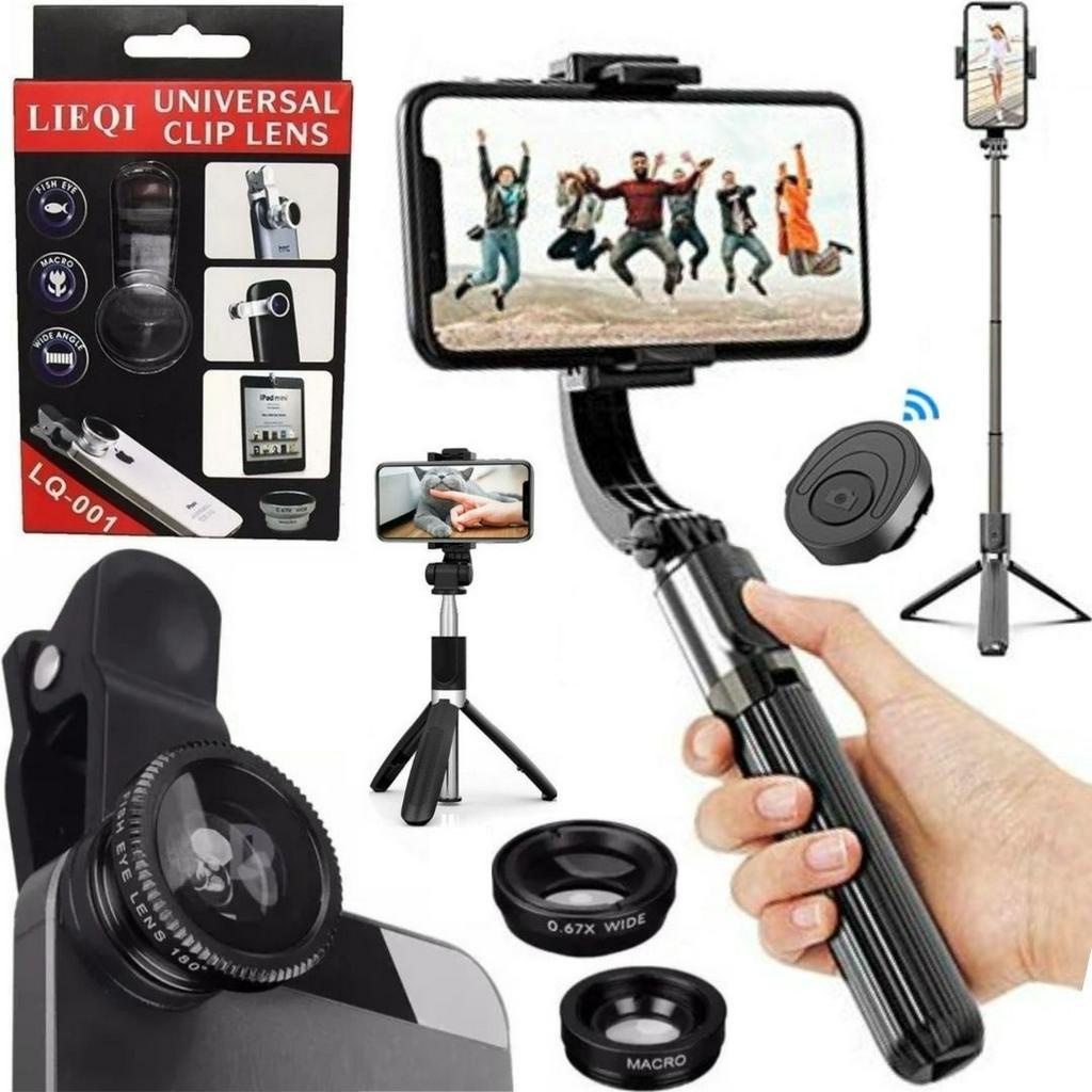 Kit 5×1 tripé suporte estabilizador para celular controle lentes olho peixe macro wide filmagem