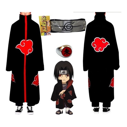 Naruto Traje Akatsuki Cloak+headband+anel Itachi Roupas