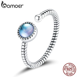 Bamoer 925 Sterling Silver Moonlight Amante Anéis De Dedo Para As Mulheres Do Vintage Retro Sintético Moonstone Anéis Fine Jewelry Scr698