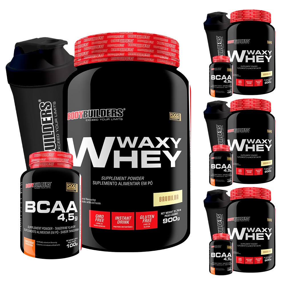 COMBO GALERA: 4x Whey Protein Waxy Whey 900g + 4x BCAA 100g + 4x Coqueteleira - Bodybuilders