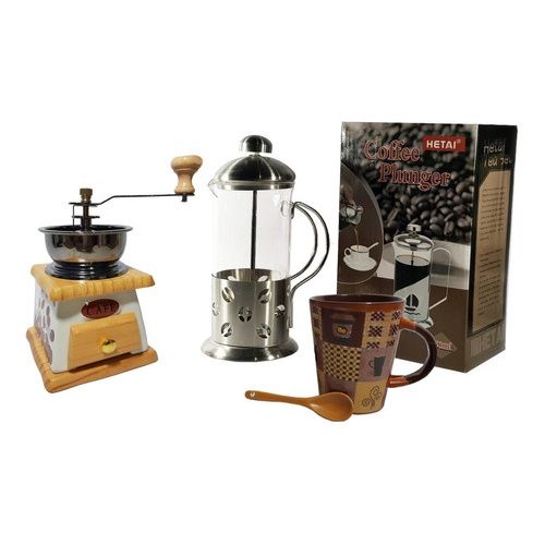 Mini Moedor De Café + Cremeira Cafeteira Francesa + Caneca