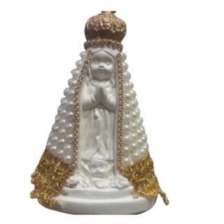 Imagem de Nossa Senhora Aparecida Baby de 15 cm em Gesso Cru com Perolas Brancas e Renda Dourada