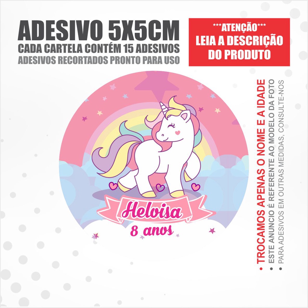 Adesivos Vinil 5x5cm Personalizados Unicornio Aniversario Lembrancinha