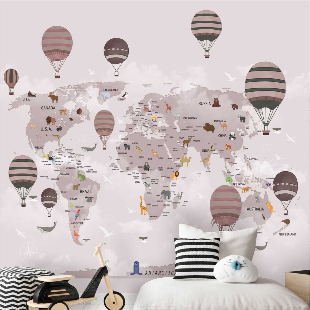 Papel De Parede Mapa Infantil Zoo Safari Balões Painel Adesivo G1209