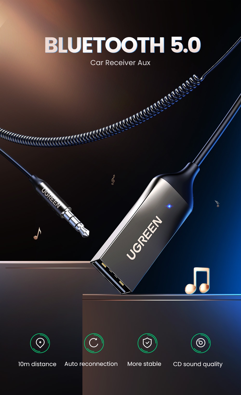 UGREEN Bluetooth Aux Adapter Bluetooth 5.0 Car Receiver USB to 3.5mm