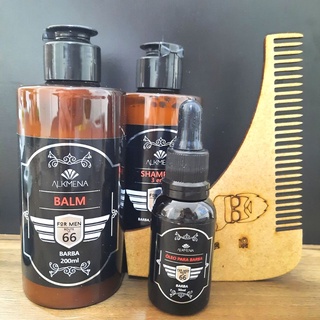 Kit Balm, Óleo para Barba, Shampoo 3x1 e Pente de Madeira para barba com medição para ajuste de corte For Men - Alkmena