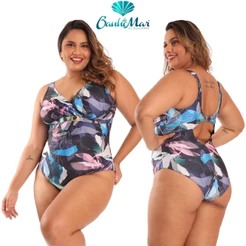 Maio Banho de Mar Alca Fina Sem Bojo Zero Barriga Modela e Reduz Moda Praia Estampado Plus Size