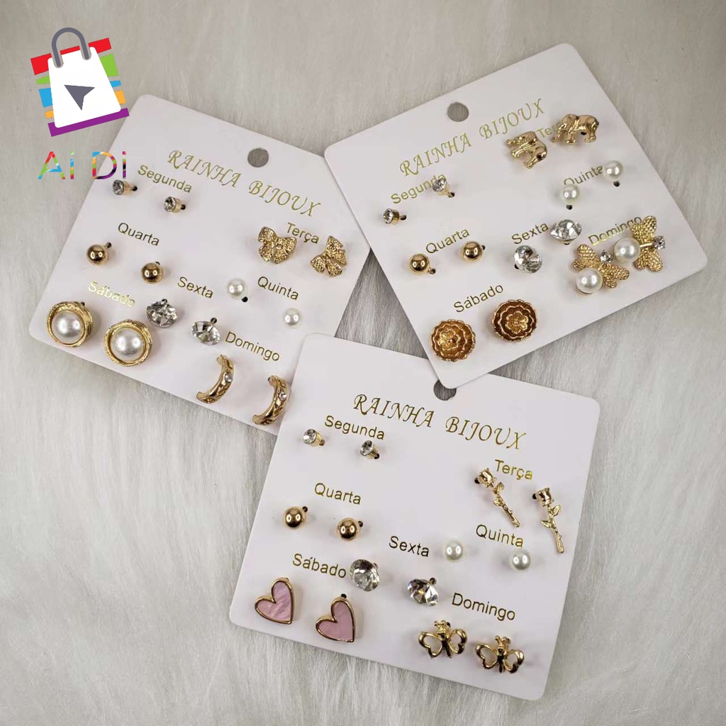 Brincos com gota de pérola e óleo de cinco estrelas, flor, amor, lua, coroa, multi estilo, 6 pares de conjunto para mulheres em Oferta na Shopee