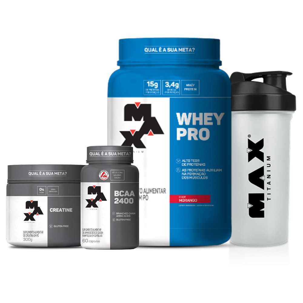 Kit Whey pro 1kg + Bcaa 2400 60 Cáps + Creatina 100g + coqueteleira - Max Titanium Promoção