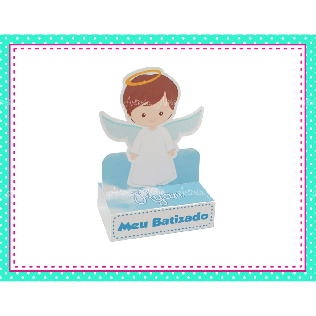 20 Caixa Porta Bis Duplo Tag Aplique Lembrancinha Decoração Festa Batizado Batismo Menino Anjo Anjinho Azul