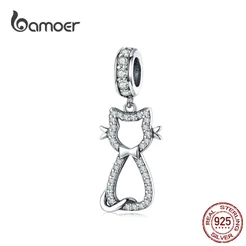 Bamoer Gato Gatinho Charme Pingente De Prata Esterlina 925 Limpar Cz Watting Pet Encantos Fit Para Cobra De Prata Pulseira 3mm Scc1162