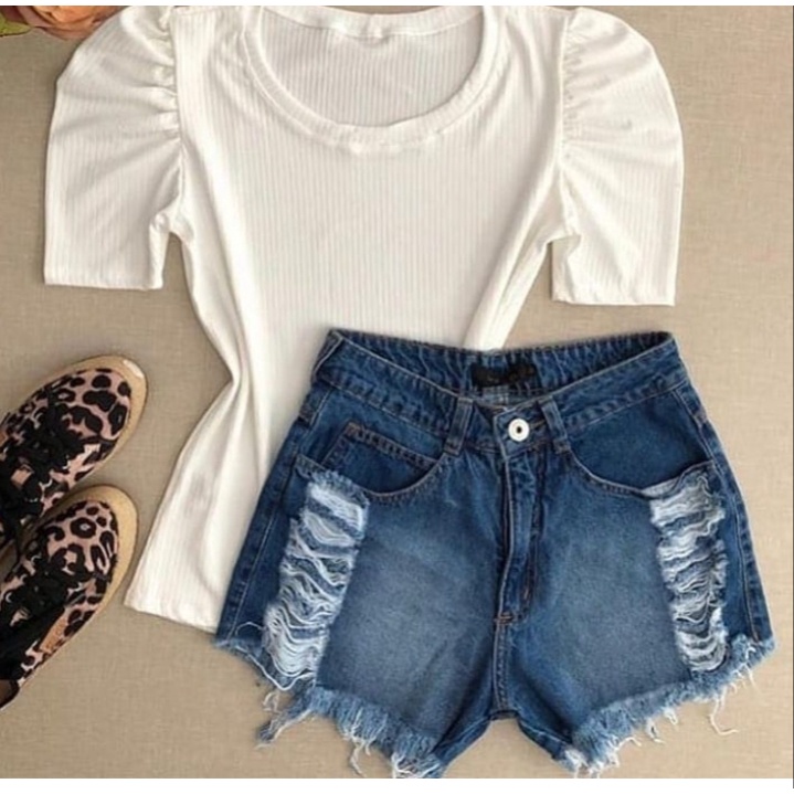 blusa feminina manga bufante princesa curta malha canelada com elastano estilo feminino