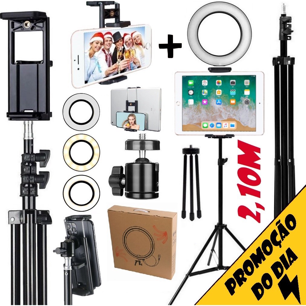 Ring Light Aro de Luz Led Iluminador + Tripé Profissional 2 Metros Suporte iPad Tablet Celular Universal