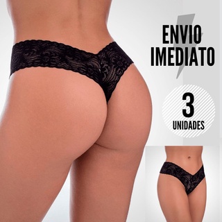 Kit 3 Calcinhas 100% Renda Fio Dental Com Forro De Algodão Tanga Sexy