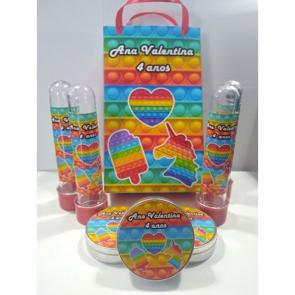 Kit Festa 60 Itens Pop It Lembrancinhas personalizadas (10 sacolinhas 10 tubetes 10 latinhas 15 Toppers para docinhos e 15 Forminhas)