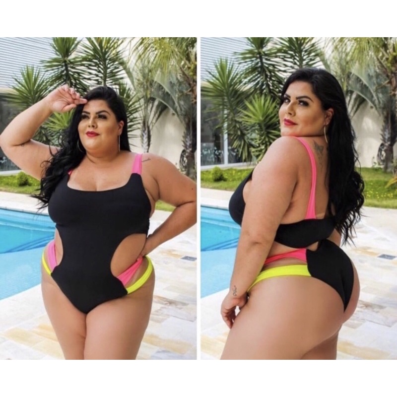 Maiô pluz size com bojo preto com neon engana Mamãe