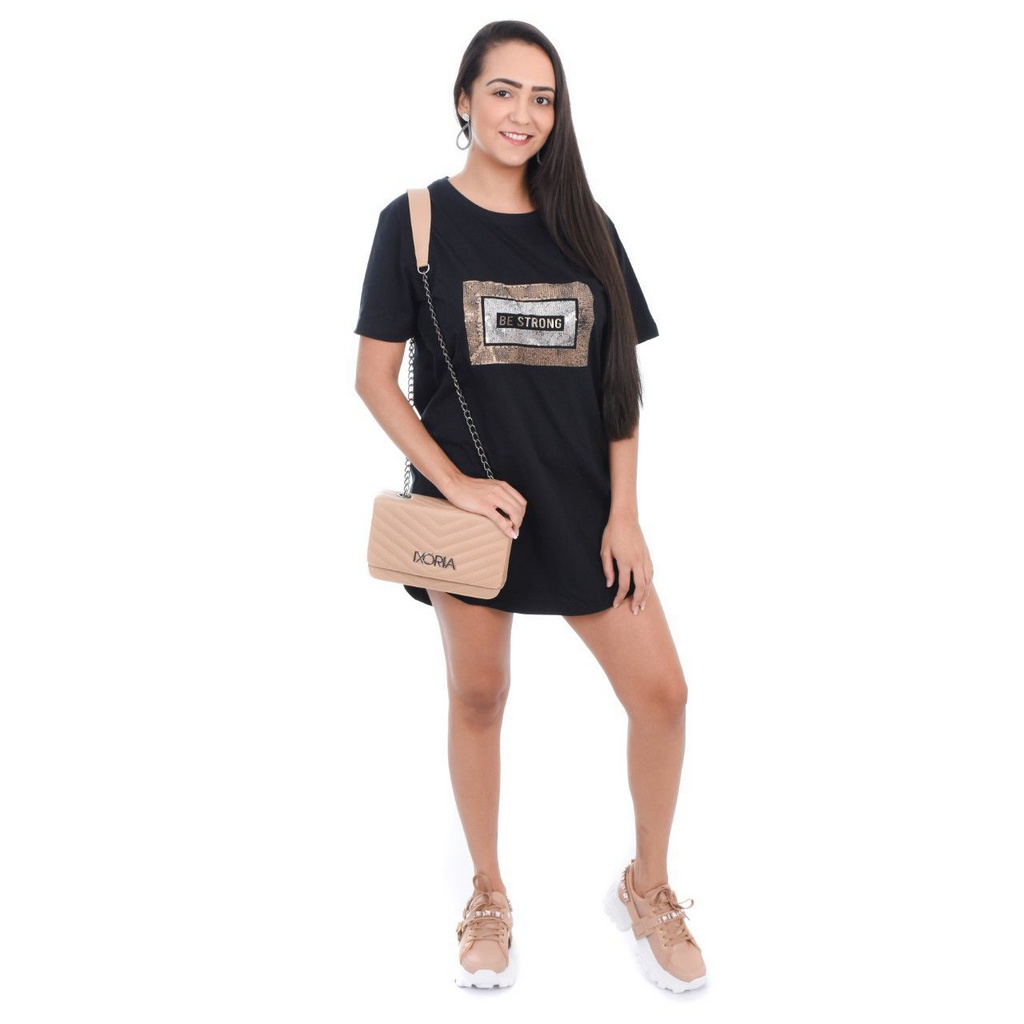 Camiseta Swag Vestido Preto Algodão Detalhe Em Lantejoulas Be Strong