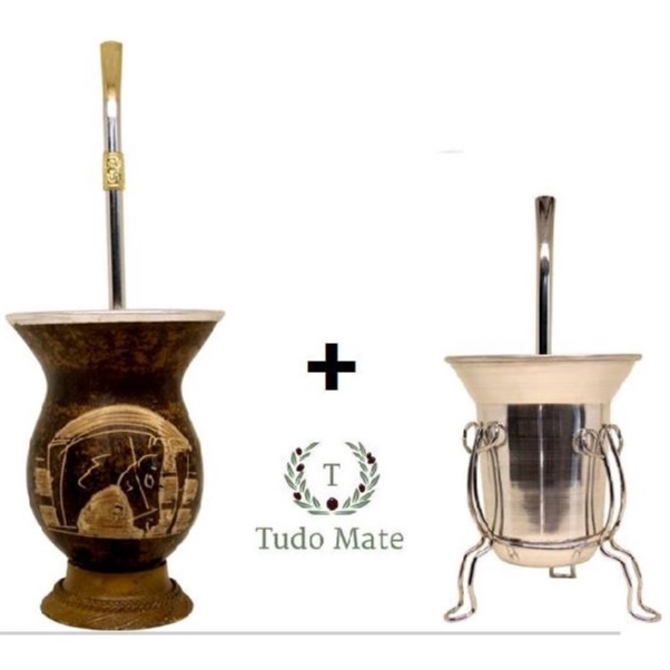 Cuia Para Chimarrão com Bomba (Taça Martelada Cavalo) + Cuia Copo Para Tereré em Alumínio com Tripé e Bomba