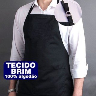 Avental Brim Algodão Com Bolso Liso Regulável Uniforme Chef Cozinha Restaurante Evento Churrasco Preto Perbella Uniformes