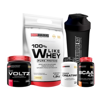 Kit 100% Like Whey Pure Protein 1,8Kg + Pré-Treino Voltz 250g + BCAA 4,5 100g + Power Creatina 100g + Coqueteleira - Kit ParaAumento de Massa Muscular - Bodybuilders