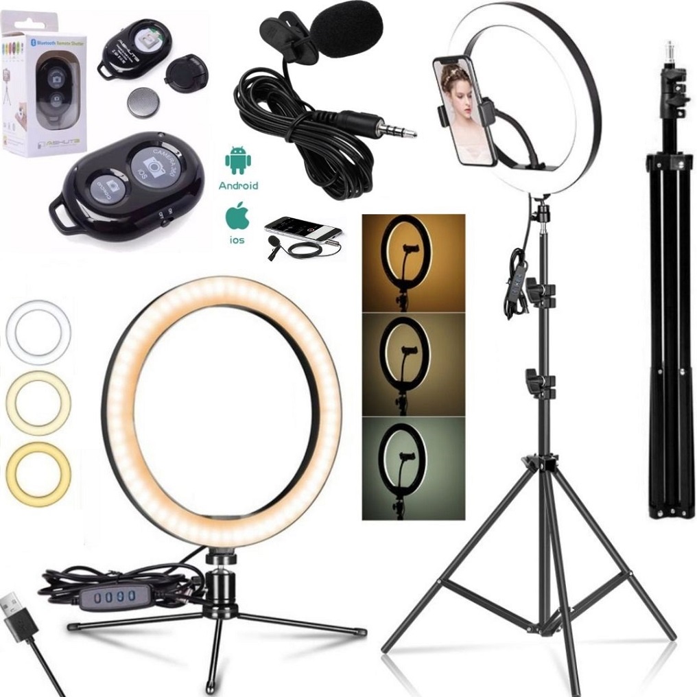 Kit iluminação 2 ring hing light 26cm anel luz led 16cm tripé 2m suporte flexível celular controle