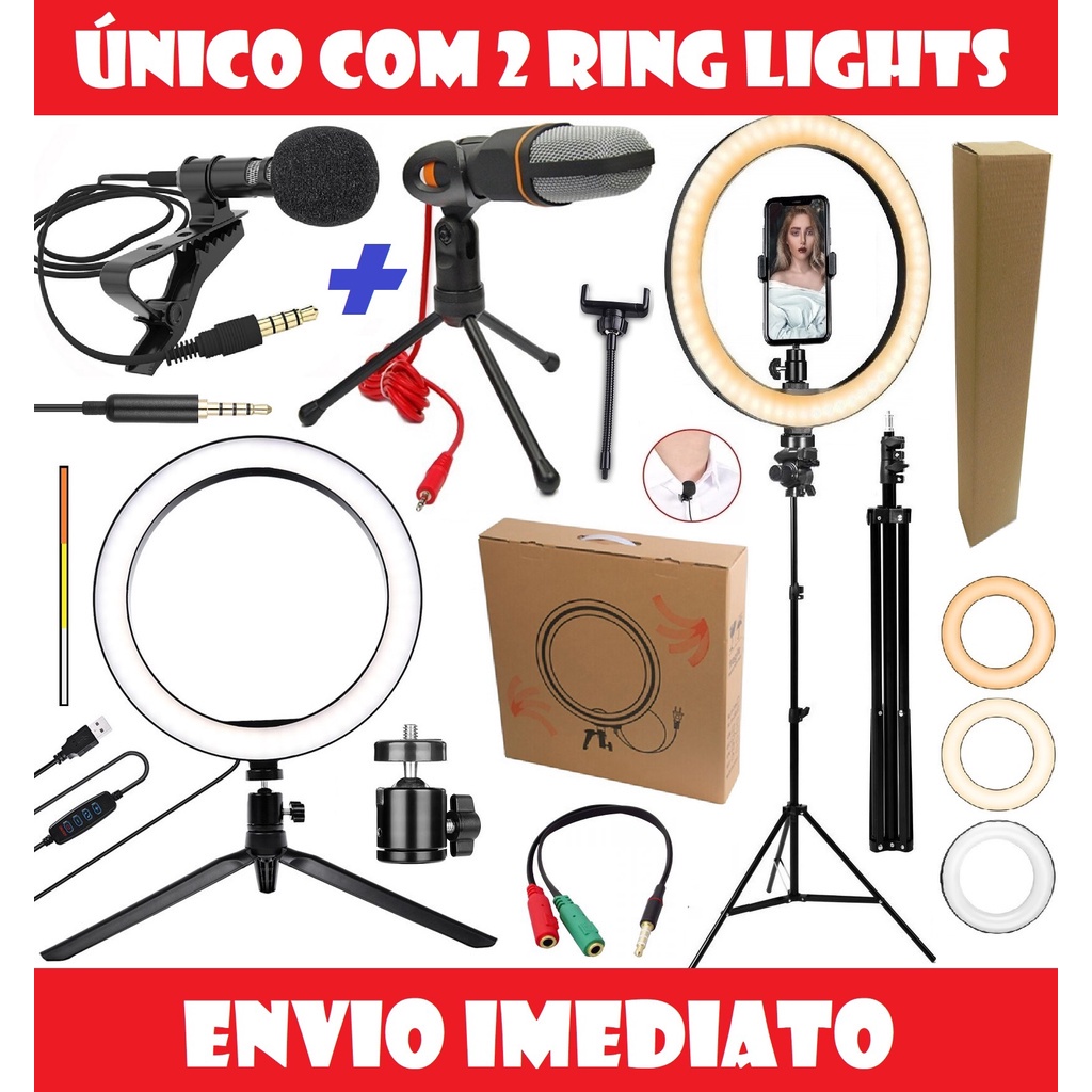 Kit Para Gravar Vídeo Celular 2 Ring Light Iluminador 16cm + 26cm Tripé Profissional Microfone de Mesa + Lapela Youtuber