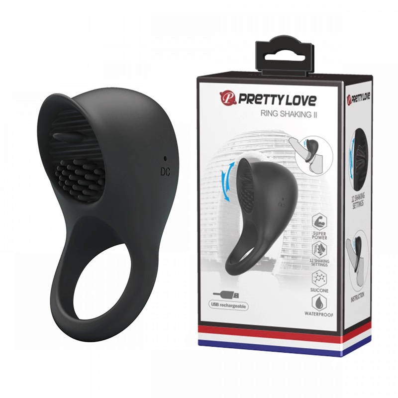 Anel Peniano em Silicone com 12 Modos de Vibração, Estimulador Clitoriano, Cerdas e Língua - Pretty Love Ring Shaking II - 8 x 4,3 cm em Oferta na Shopee