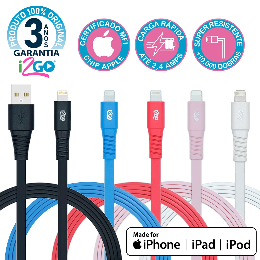 Cabo iPhone MFI Lightning Chip Original Homologado Apple 1,2 Metros Carga Rápida i2GO