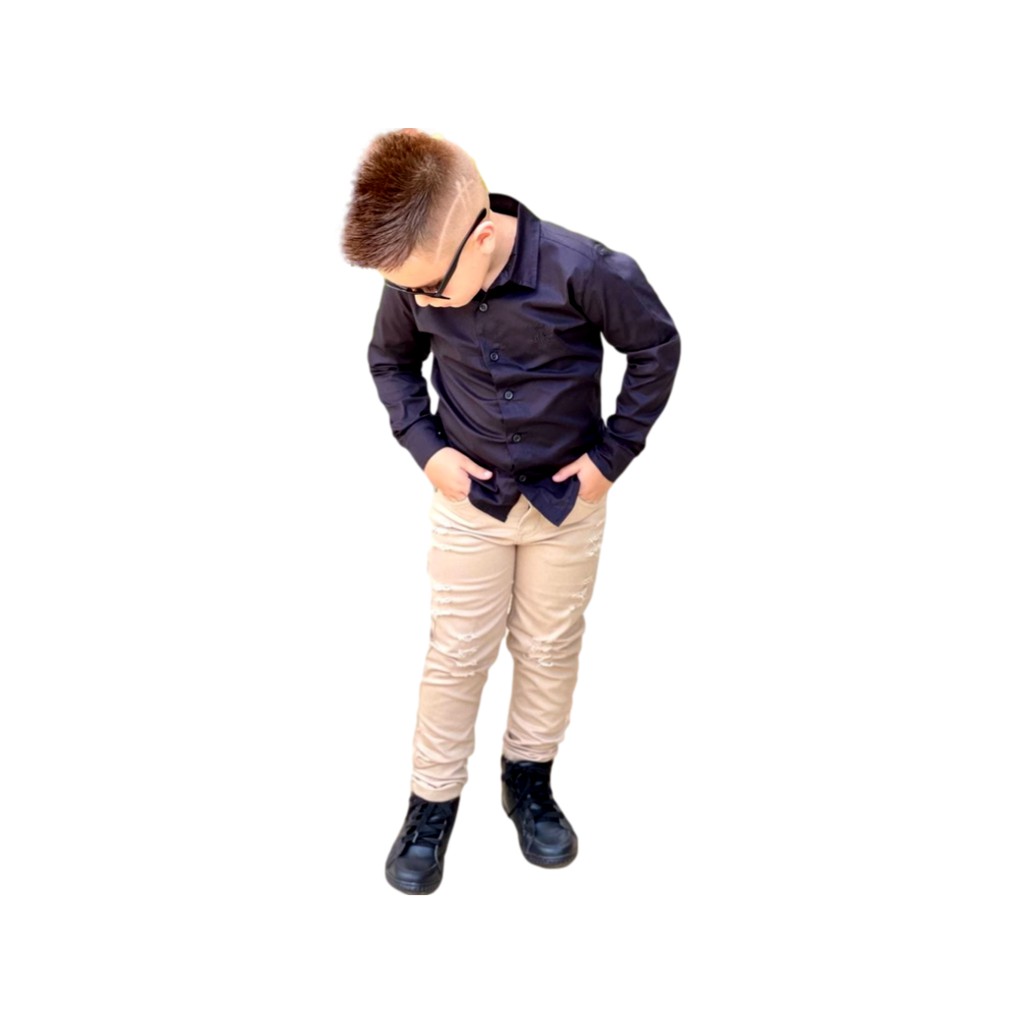 Conjunto Social Infantil Calça Desfiada Giletada Bege + Camisa Social Manga Longa Preta