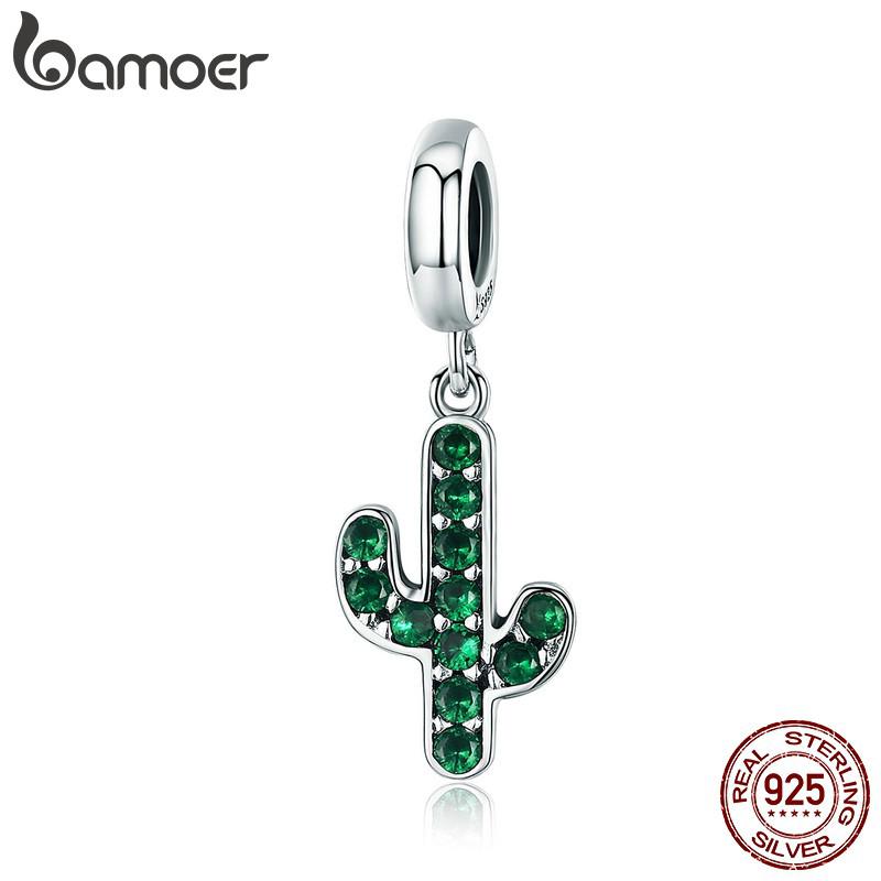 Bamoer ® 925 Cacto De Prata Brilhante CZ Pingente Pulseira De Charme Jóias De Encanto