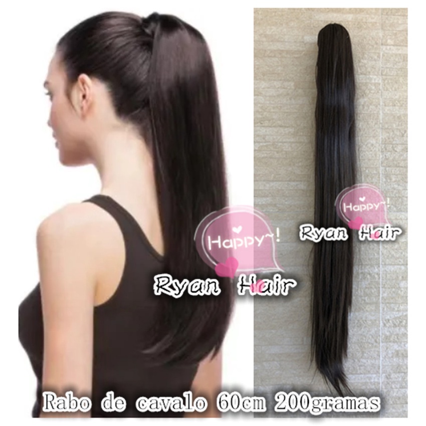 Rabo de cavalo Cor 2# castanho escuro liso 60cm 200gramas Fibra organico Piranha Presilhas promocao Cabelo Aplique