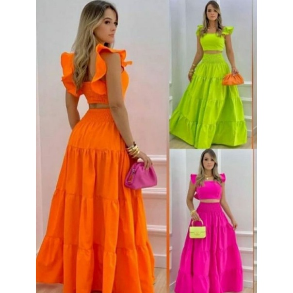 Conjunto Feminino Saia Longa e Cropped Tendência Blogueiras Floral Verão Carnaval