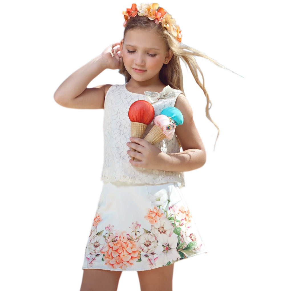 Conjunto Menina Batinha de Renda com Laço e Saia Evasê Flores Gabriela Aquarela