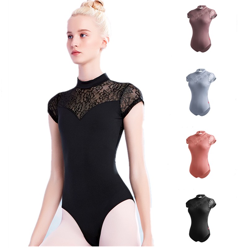 Mulheres Ballet Collant Ginástica Traje Adulto Lace Splice Desgaste Da Dança Alta Pescoço Bodysuits Ballet
