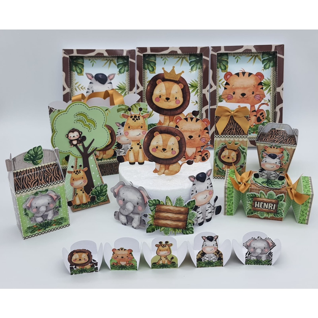 Kit Festa, Caixa milk, papelaria personalizada Safari baby, lembrancinha safari 3d