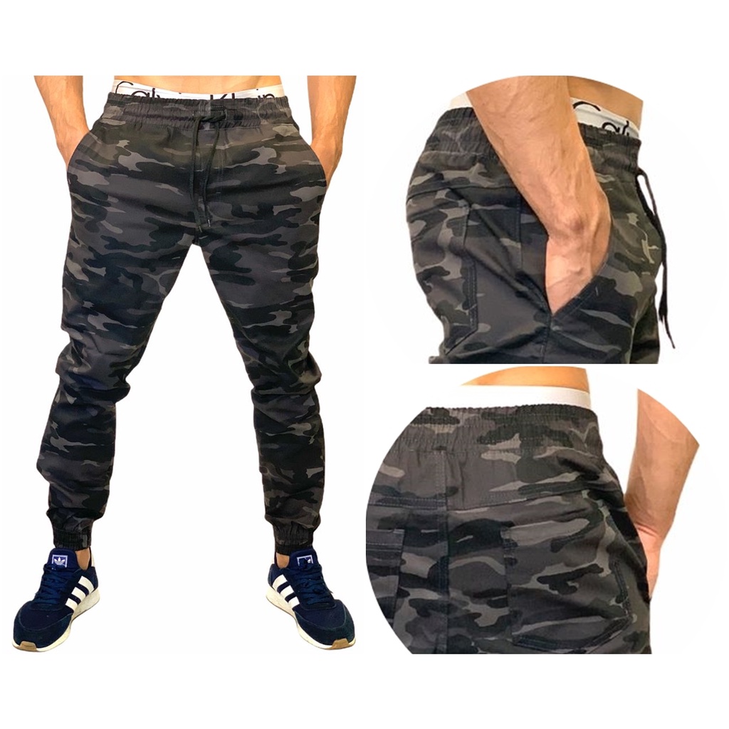 Calça Jogger Masculina Camuflada Cinza e Preta Estilo Militar