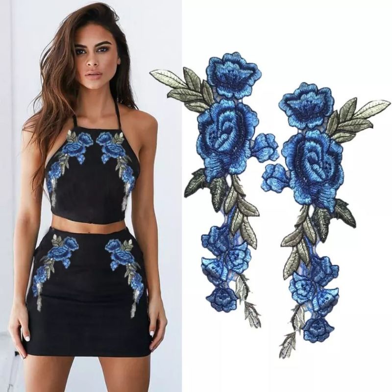 Par Aplique Patch Bordado Arranjo Flor Flores vermelha ou Azul para Colar ou Costurar em Oferta na Shopee