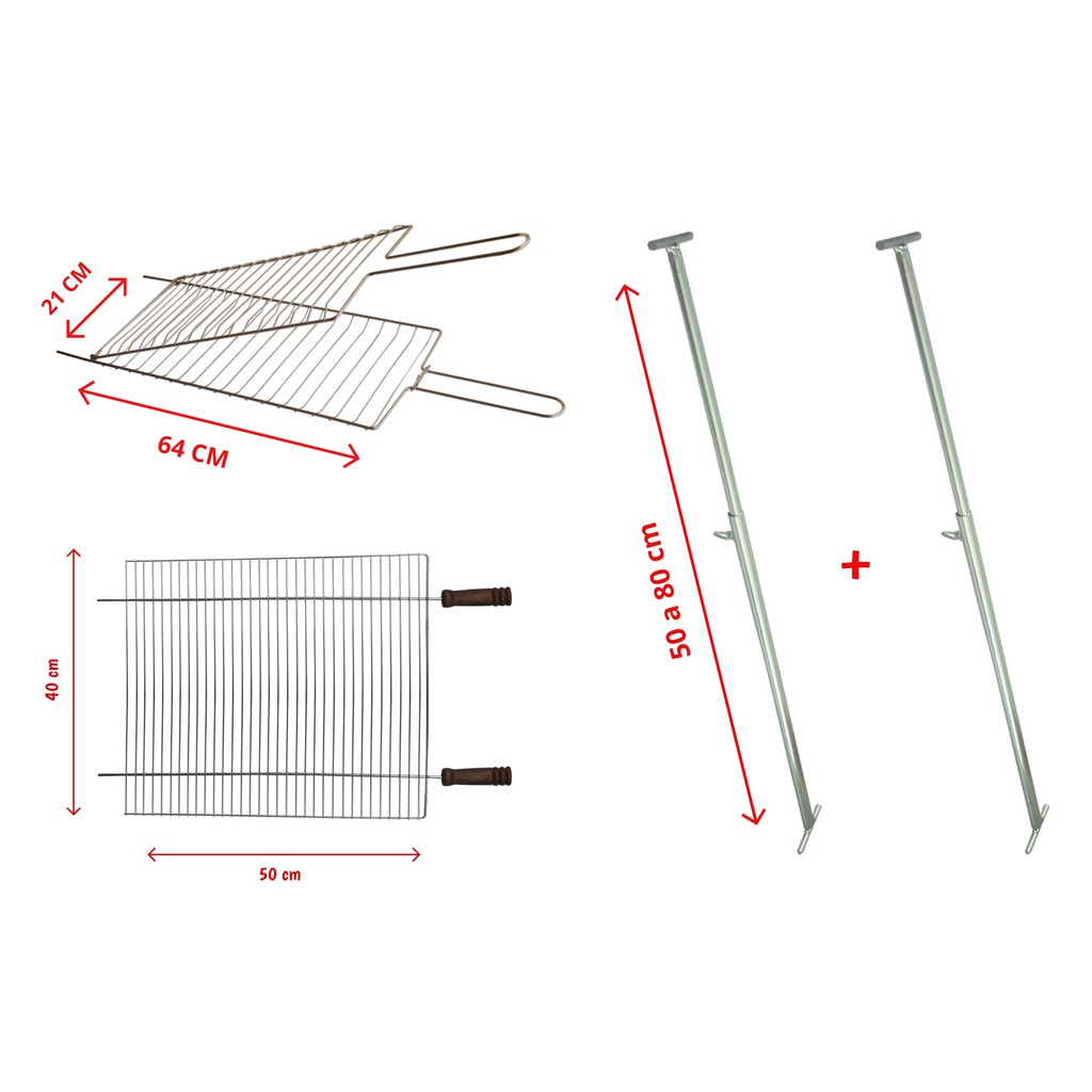 Kit Churrasqueira Grelha Pequena + Grelha Abaulada Média + Suporte Extensor Ajustável 5001/5102A/5500