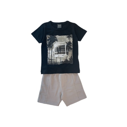 Conjunto Infantil Brandili Mundi Camiseta "BORN TO SURF" Manga Curta Azul + Bermuda de Moletom Cinza - Tamanho 1