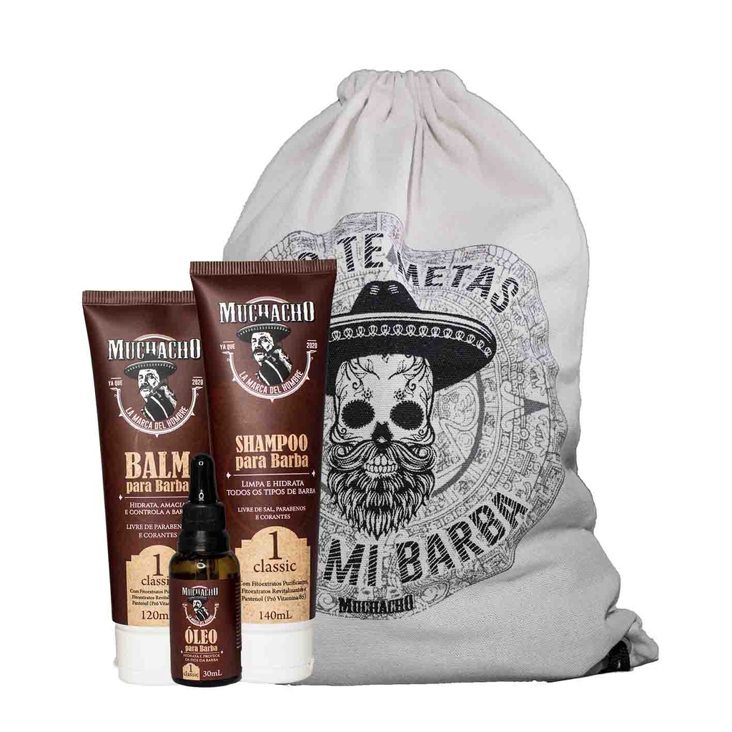 Kit Shampoo para Barba + Balm para Barba + Oleo para Barba - Muchacho Classic + Saco de Tecido Muchacho Grande