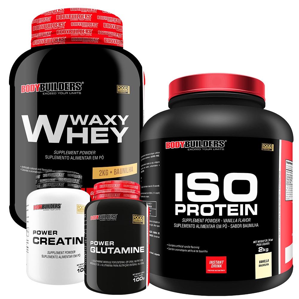 Kit Whey Protein Waxy Whey Pote 2Kg + Suplemento de Proteína Isolada Iso Protein 2kg + Power Creatina 100g + Power Glutamina 100g - Suplemento dos Atletas Para Auxiliar na Recuperação Muscular - Bodybuilders