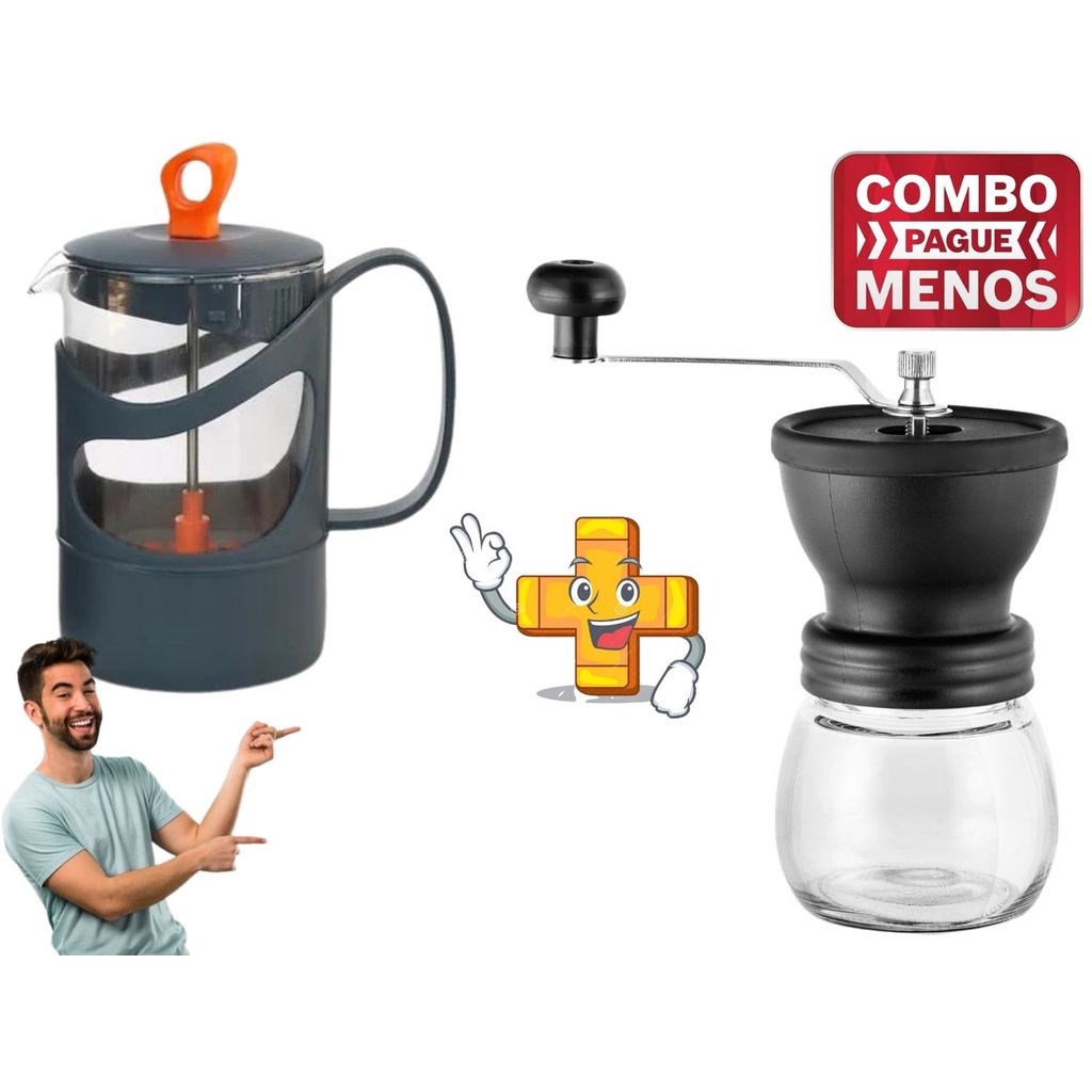 Combo Kit Cafeteira Prensa Francesa 600ml Vidro Moedor Manual de Cafe