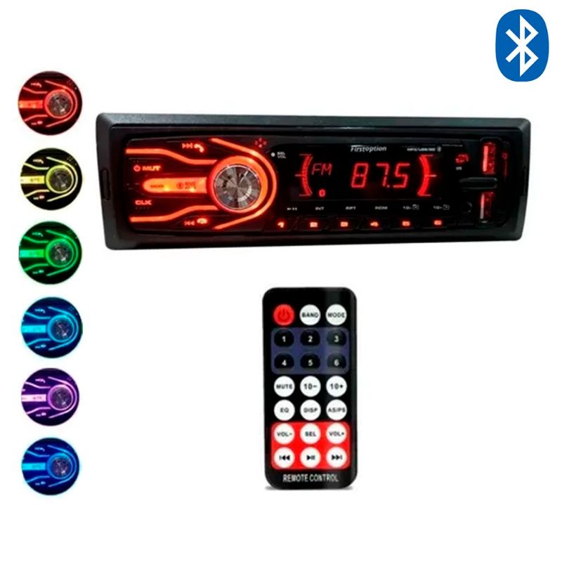 AUTO RADIO MP3 COM BLUETOOTH 7 CORES EM 1 DISPLAY 2 USB FIRST OPTION