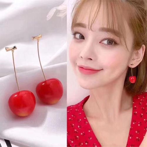 Brincos Femininos Longos Formato De Fruta Cereja Vermelho Dangle | Cute Sweet Round Dangle Red Cherry Fruit Long Section Earrings Girl Jewelry
