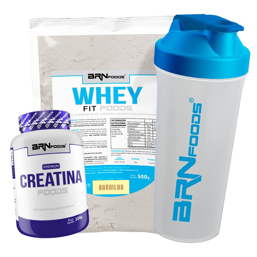 Kit Whey Protein Concentrado em Blend Proteico 500g + PREMIUM Creatina 100g + Coqueteleira - BRN Foods