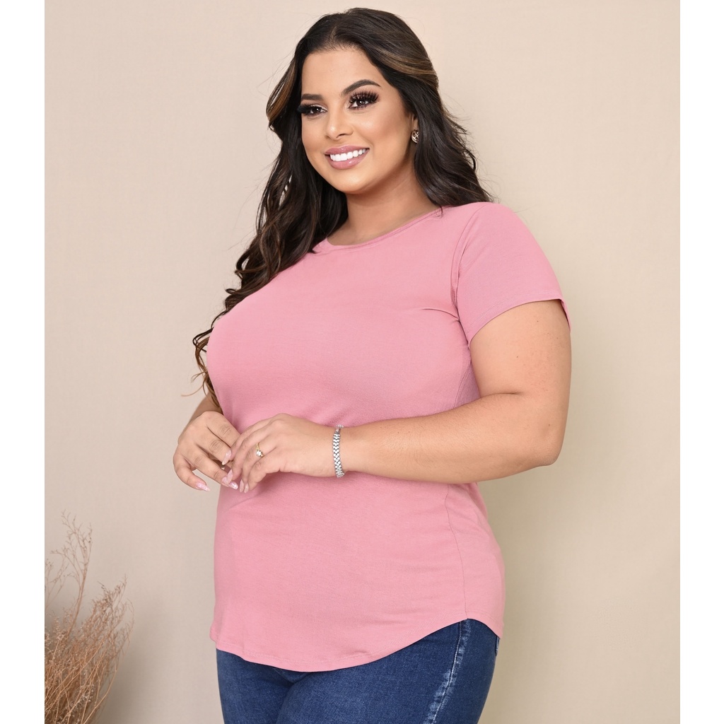 BLUSA BÁSICA FEMININA PLUS SIZE DECOTE REDONDO EM MEIA MALHA