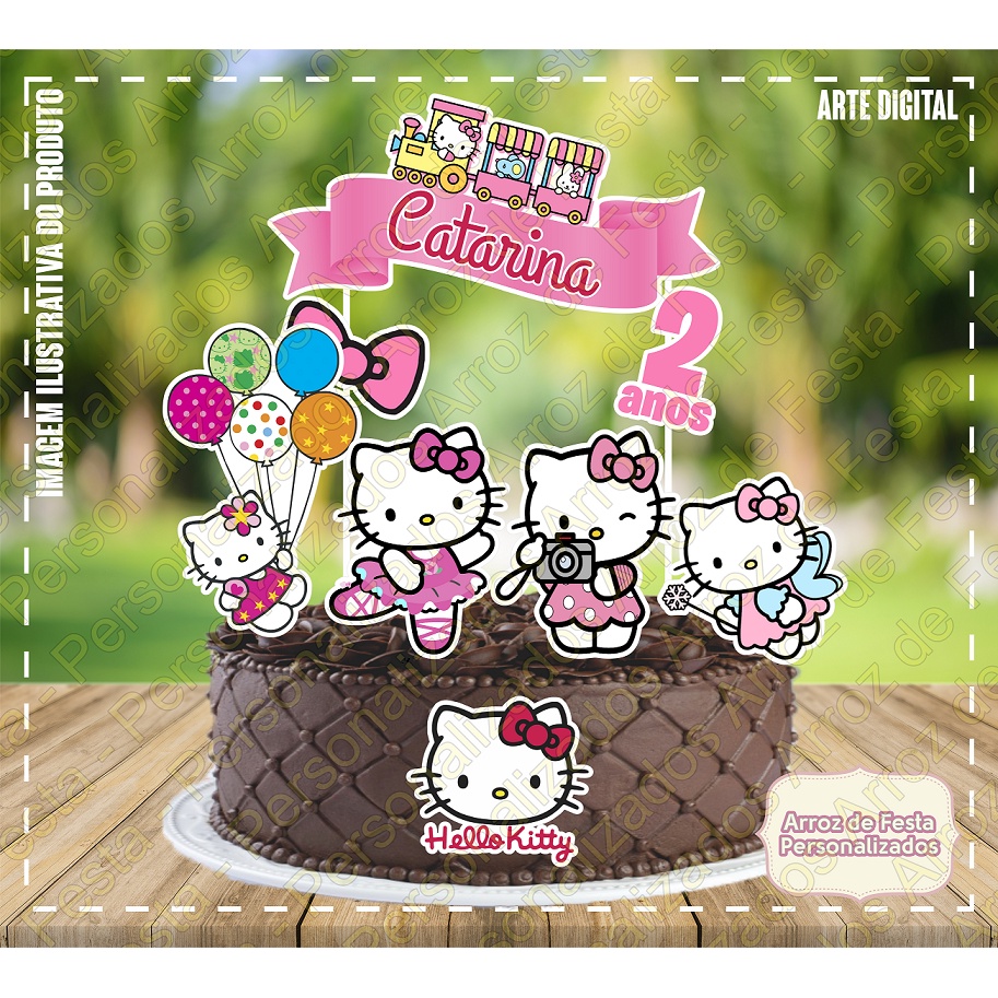 Topo De Bolo Topper De Bolo Personalizado c/ Nome e Idade Hello Kitty