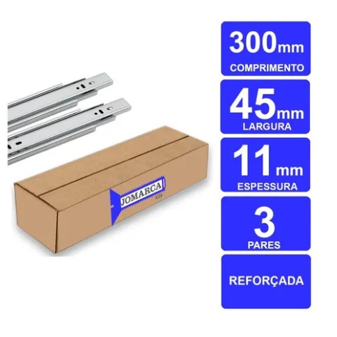 3 Pares Corrediça Telescópica Reforçada 30cm 35kg 45x300mm