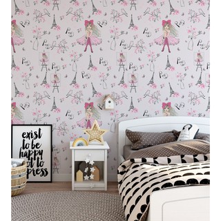 Papel de Parede Infantil Paris fundo rosa claro Flores e torre Eiffel